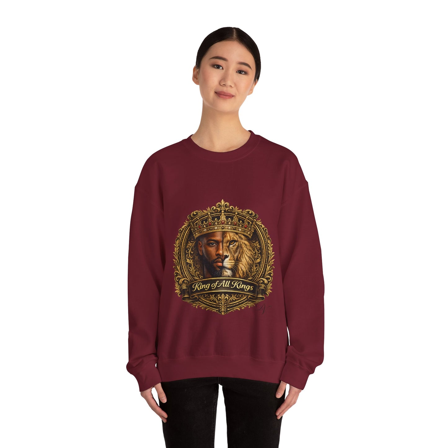 King of All Kings Crewneck Sweatshirt — Crowned Lion & Portrait Graphic