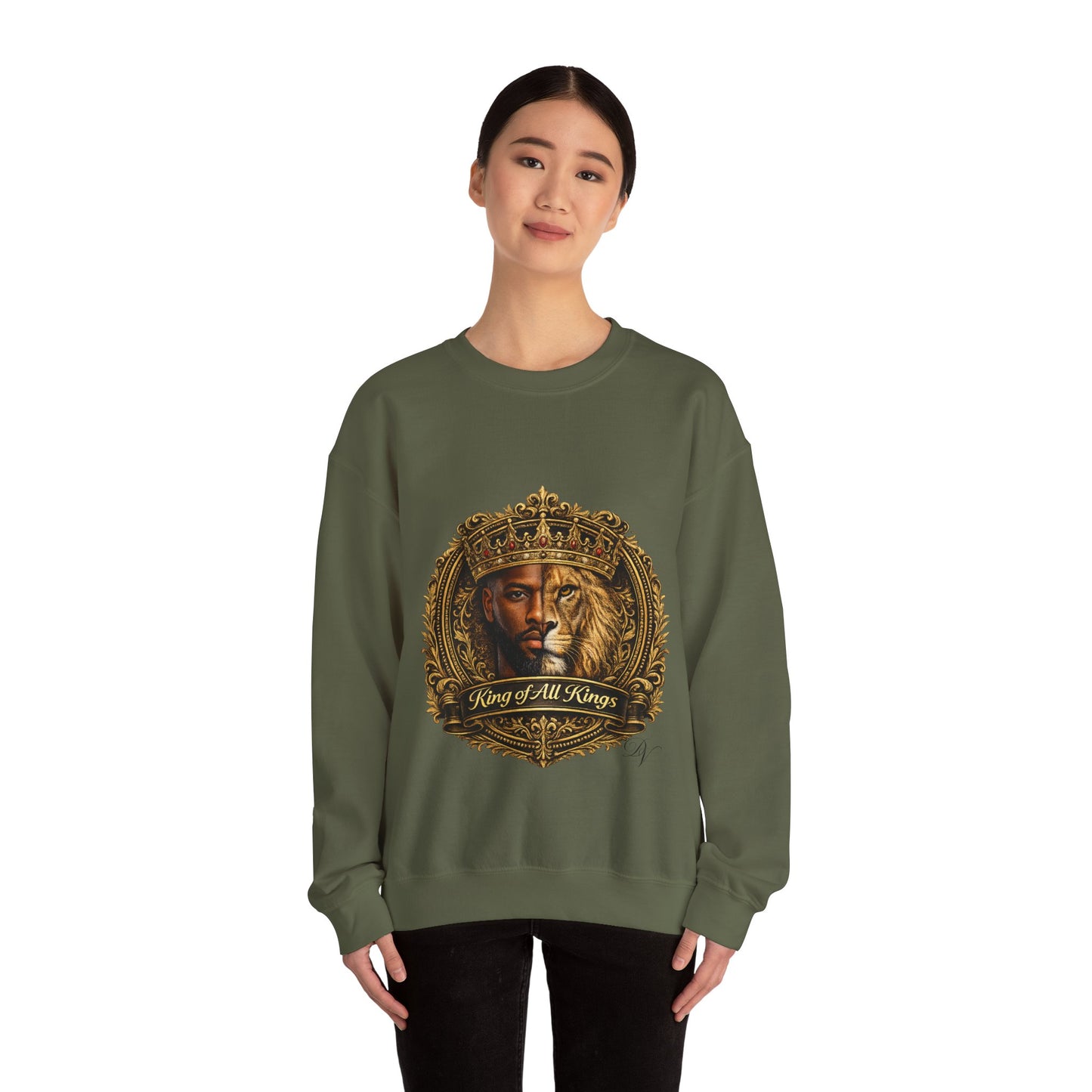 King of All Kings Crewneck Sweatshirt — Crowned Lion & Portrait Graphic