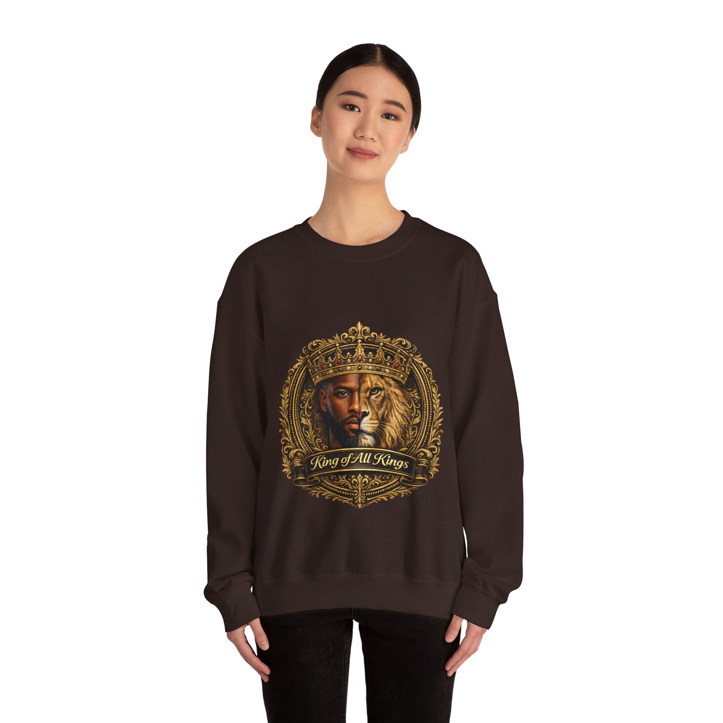 King of All Kings Crewneck Sweatshirt — Crowned Lion & Portrait Graphic