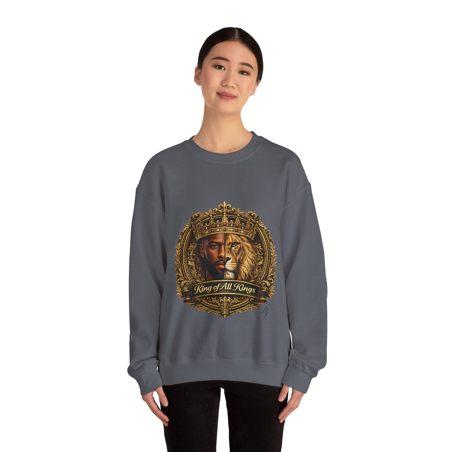 King of All Kings Crewneck Sweatshirt — Crowned Lion & Portrait Graphic
