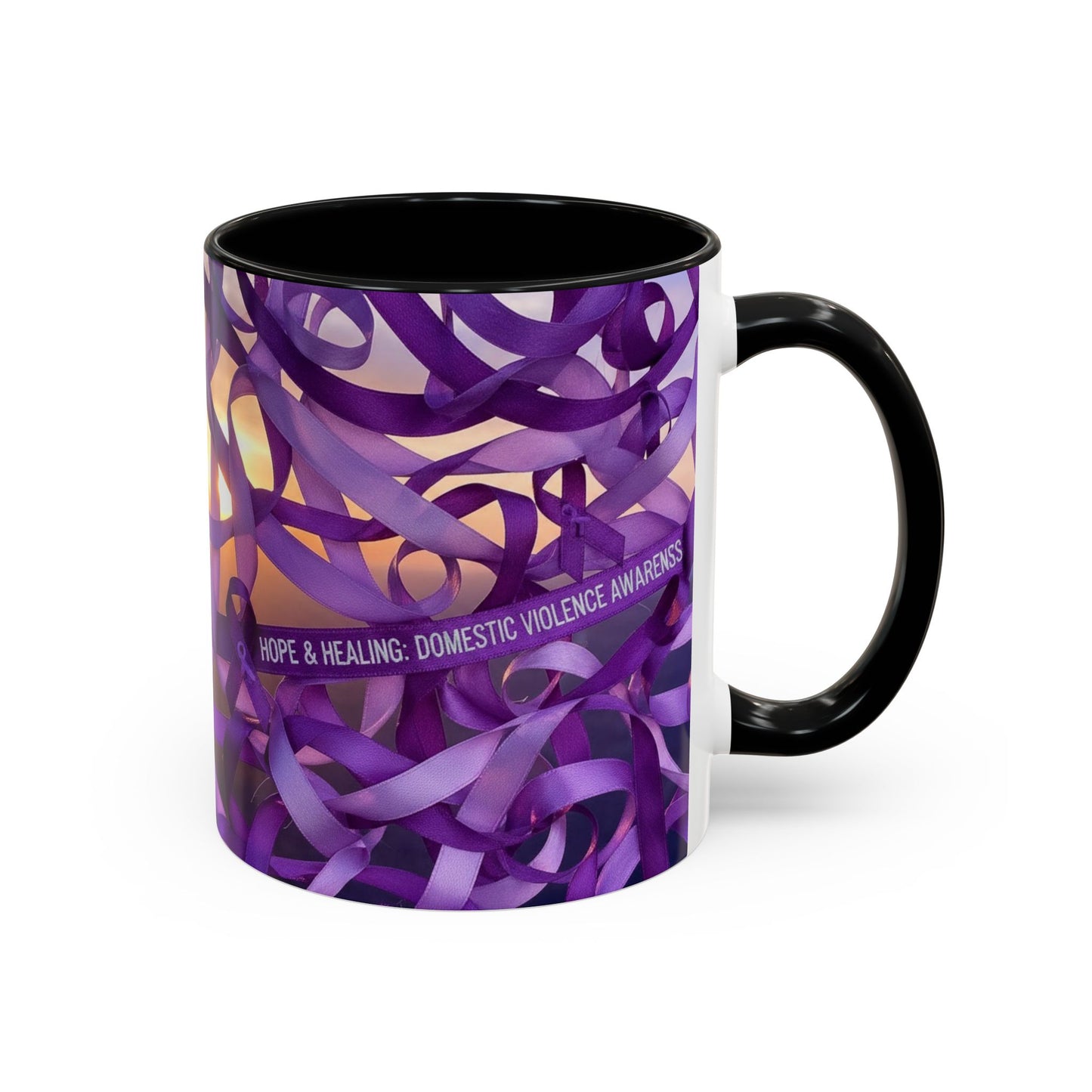 Domestic Violence Awareness Purple Ribbon Accent Coffee Mug — Hope & Healing (11/15oz)