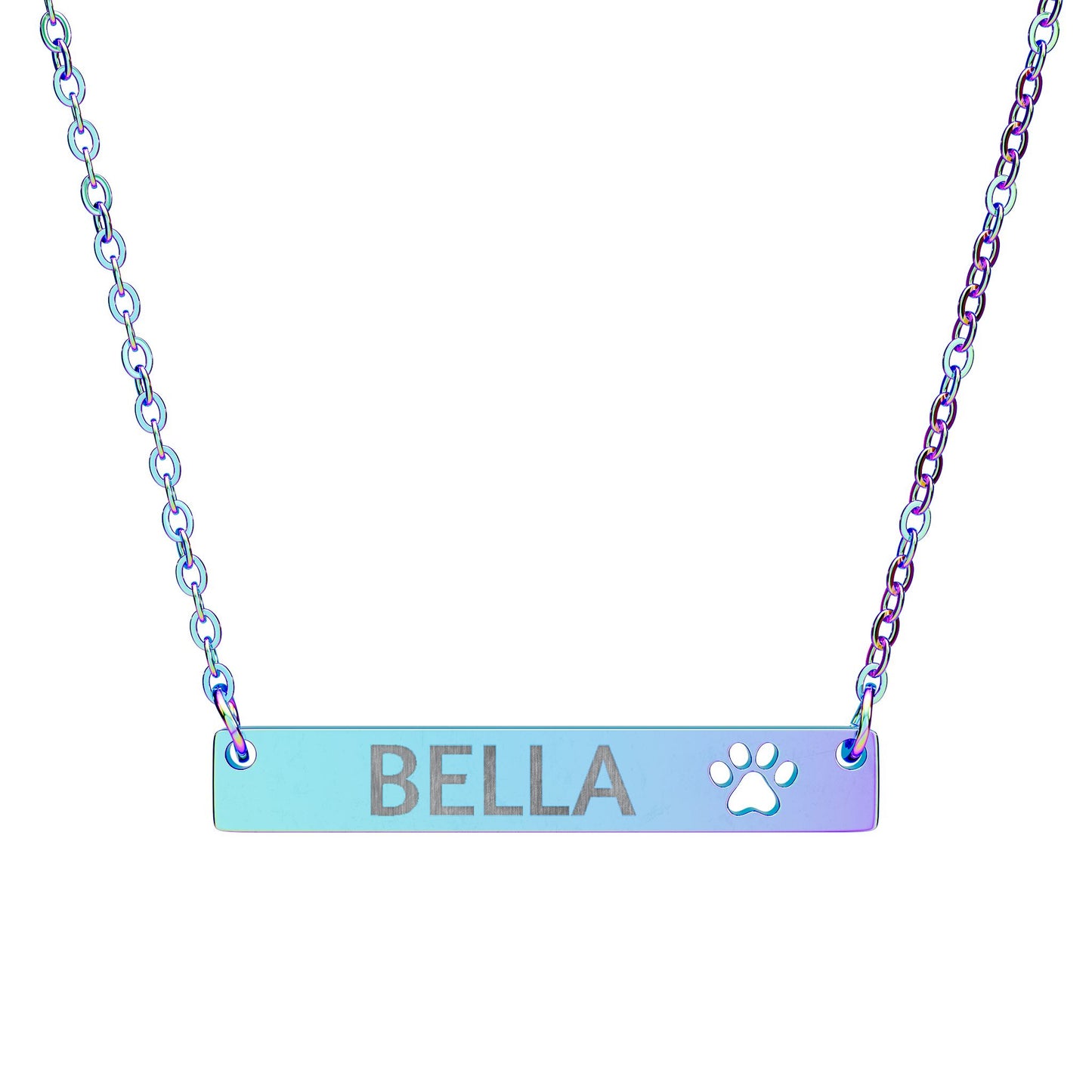 Personalized Paw Bar Necklace — Engraved Name with Cutout Paw Charm