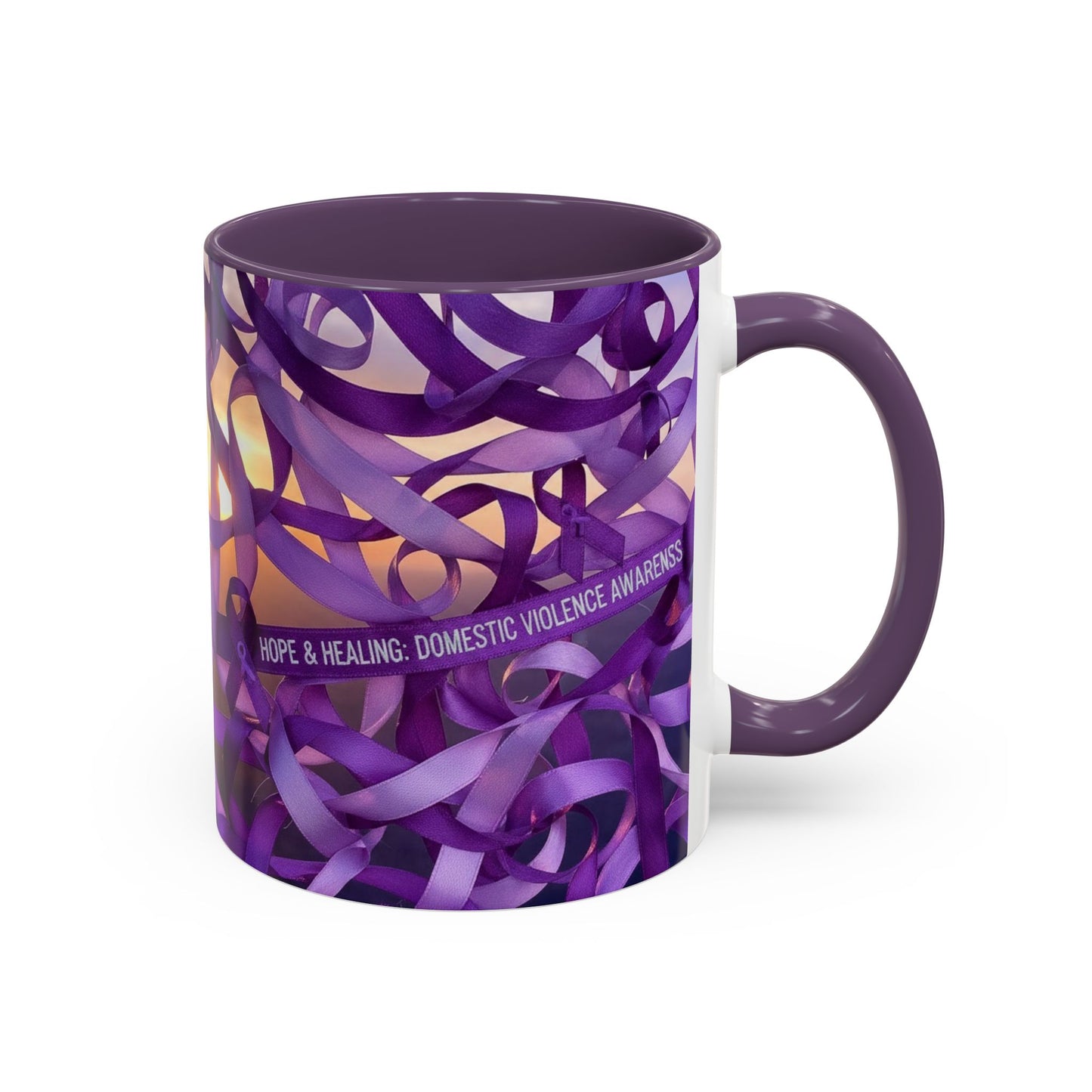 Domestic Violence Awareness Purple Ribbon Accent Coffee Mug — Hope & Healing (11/15oz)