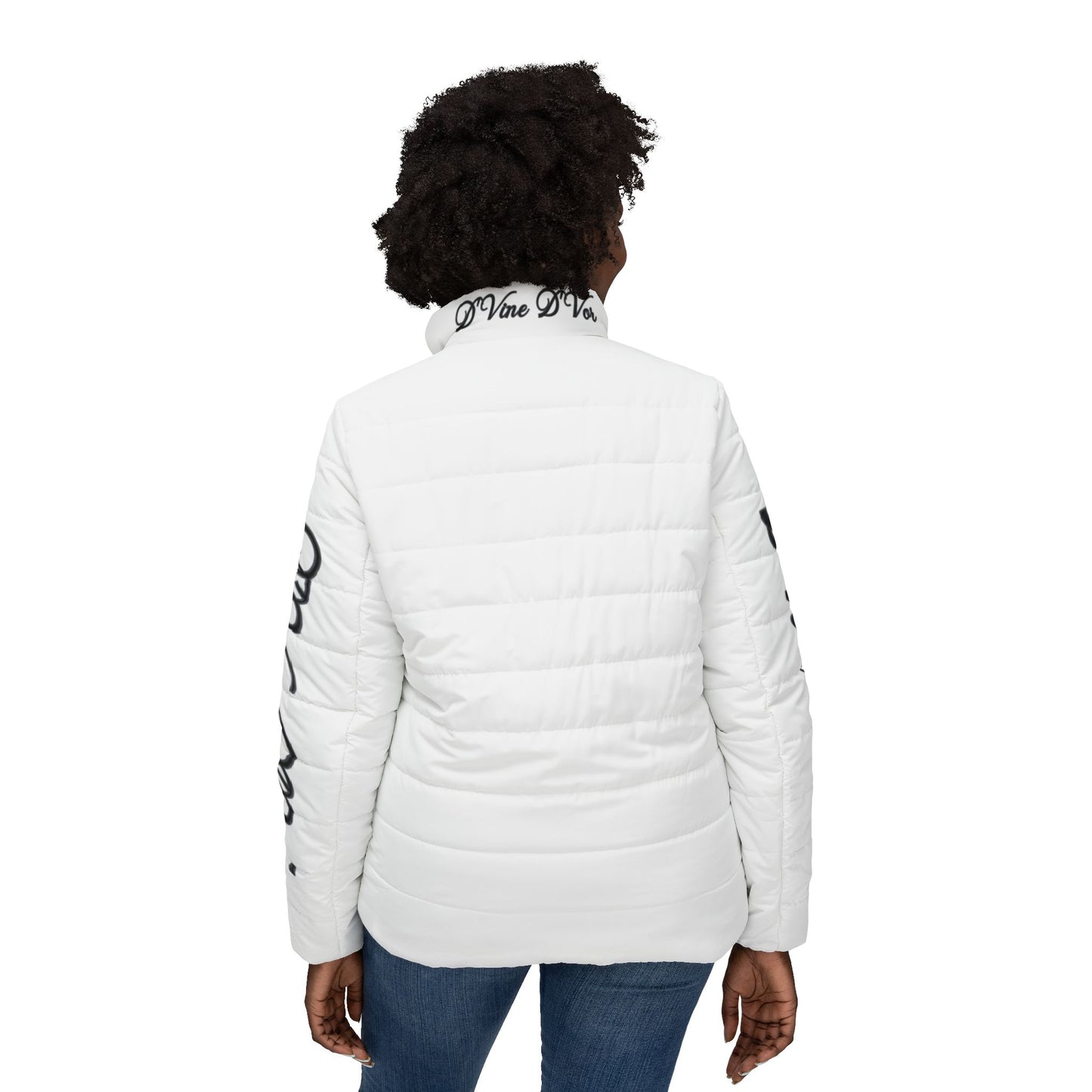DVine DVor Womens White Quilted Puffer with Script Sleeve & Collar