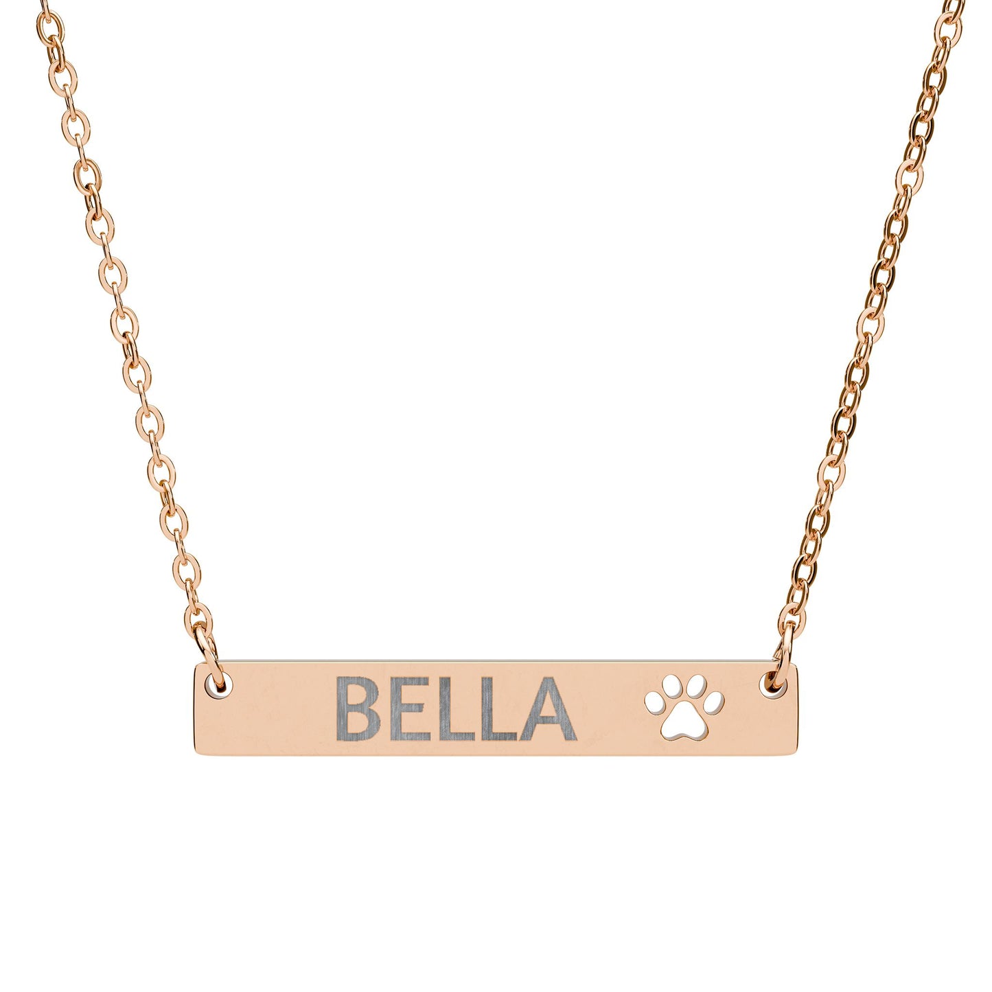 Personalized Paw Bar Necklace — Engraved Name with Cutout Paw Charm