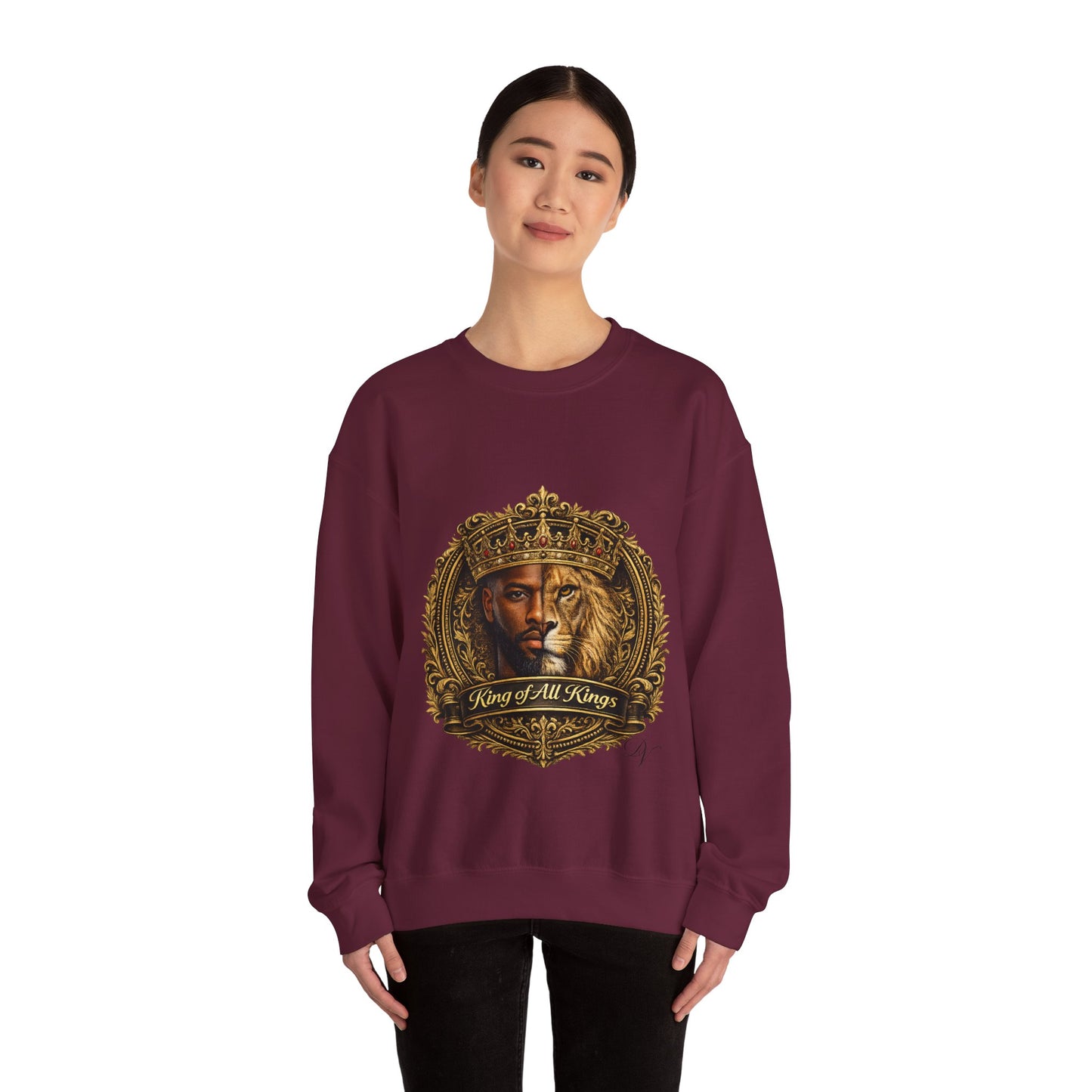 King of All Kings Crewneck Sweatshirt — Crowned Lion & Portrait Graphic