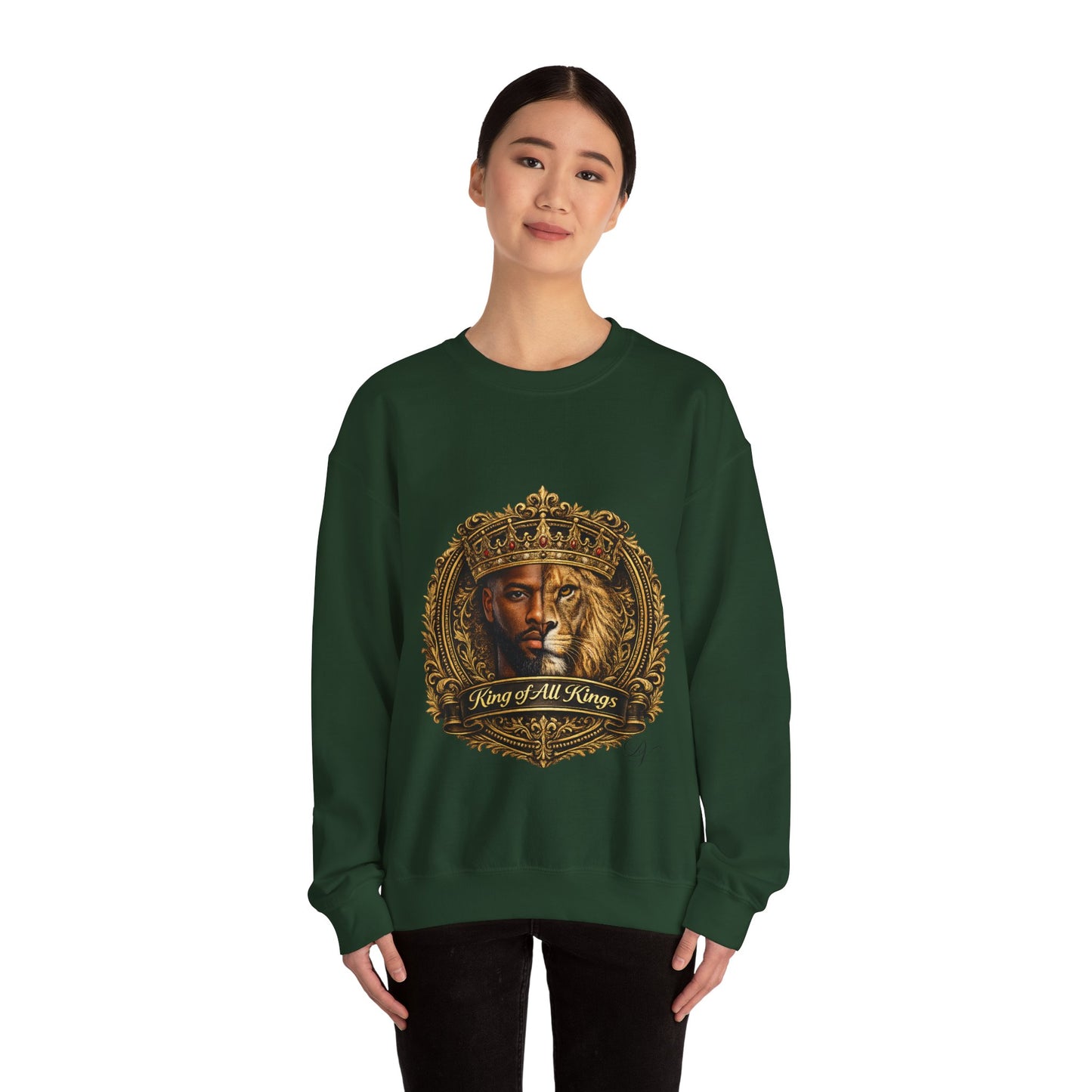 King of All Kings Crewneck Sweatshirt — Crowned Lion & Portrait Graphic