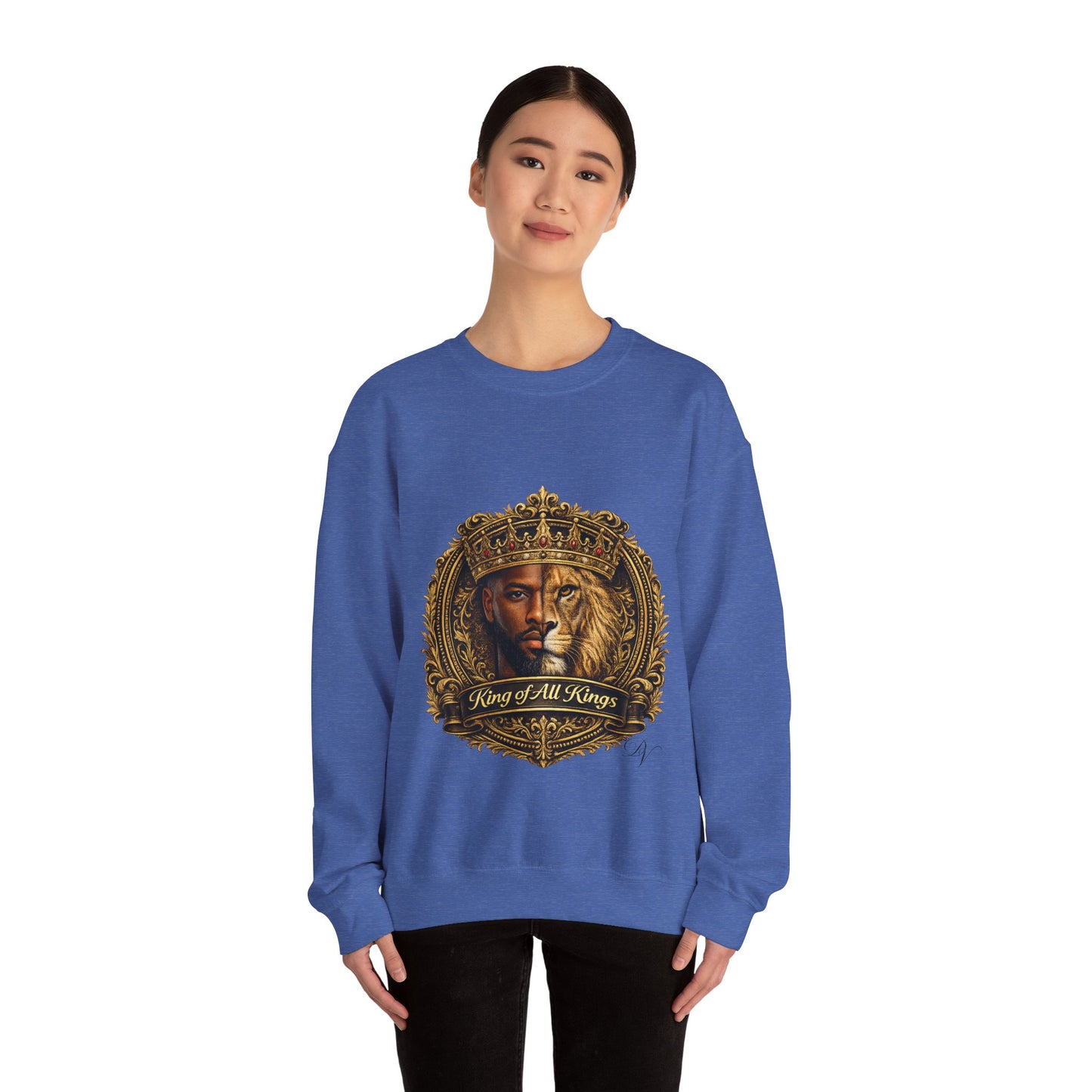 King of All Kings Crewneck Sweatshirt — Crowned Lion & Portrait Graphic
