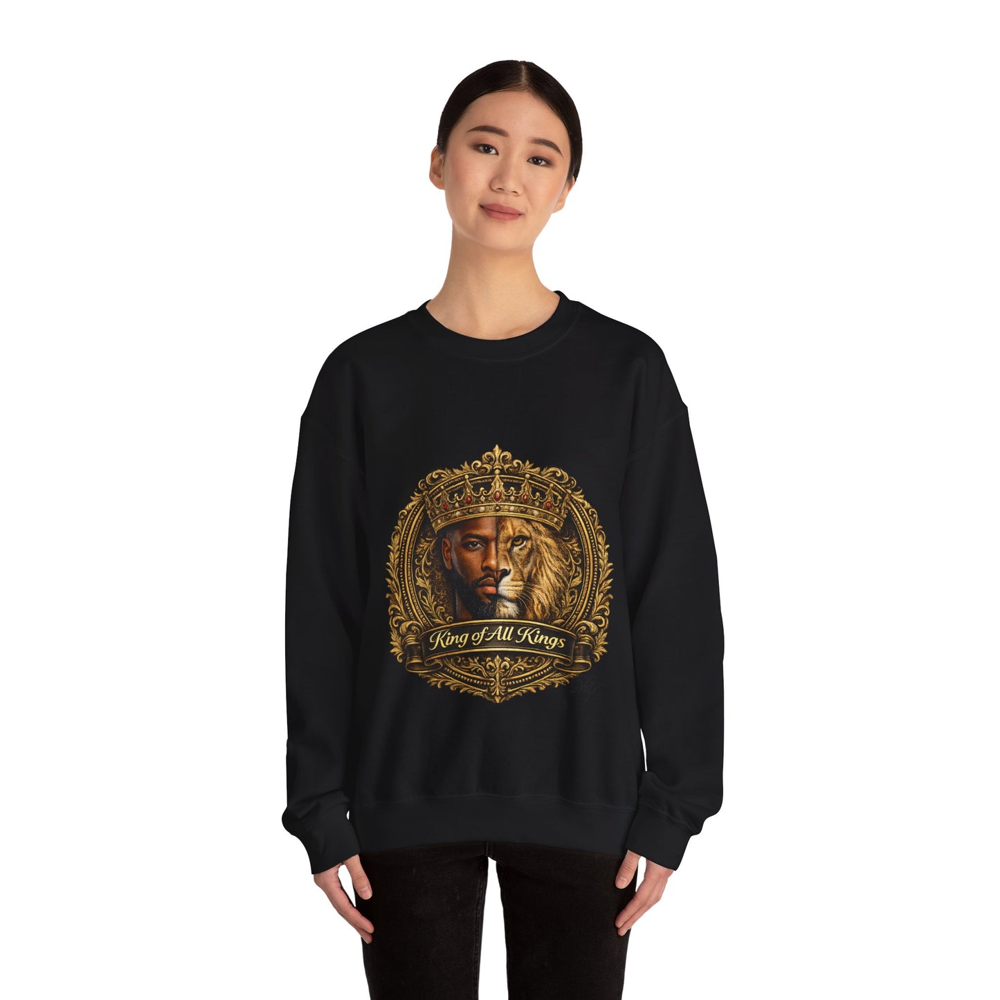 King of All Kings Crewneck Sweatshirt — Crowned Lion & Portrait Graphic