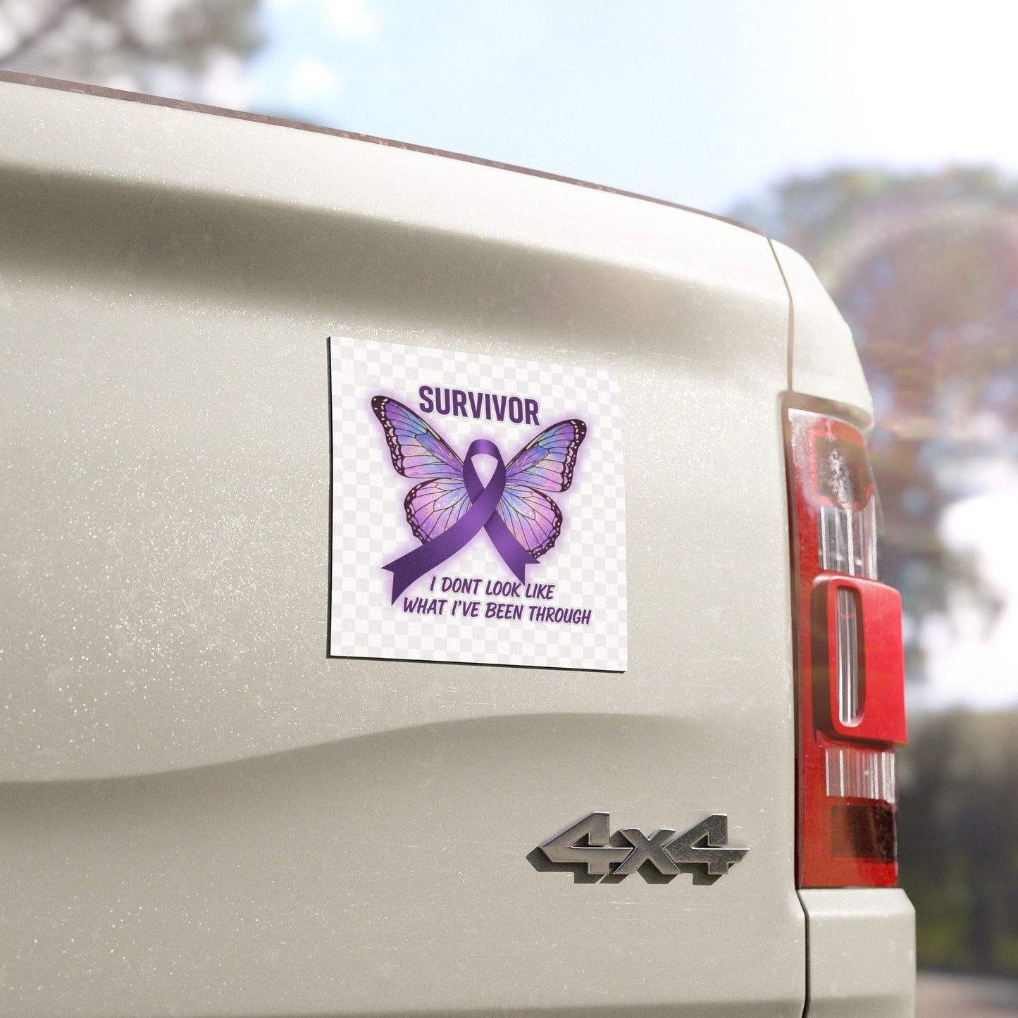 Survivor Purple Ribbon Butterfly Car Magnet – "I Don't Look Like What I've Been Through"