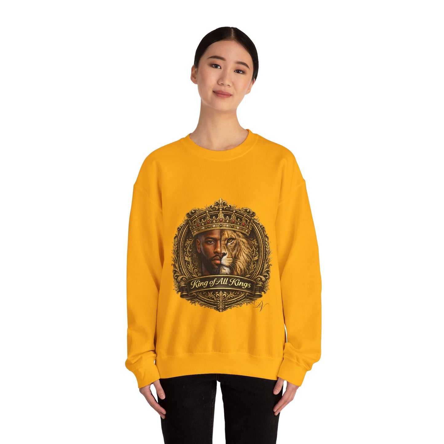 King of All Kings Crewneck Sweatshirt — Crowned Lion & Portrait Graphic