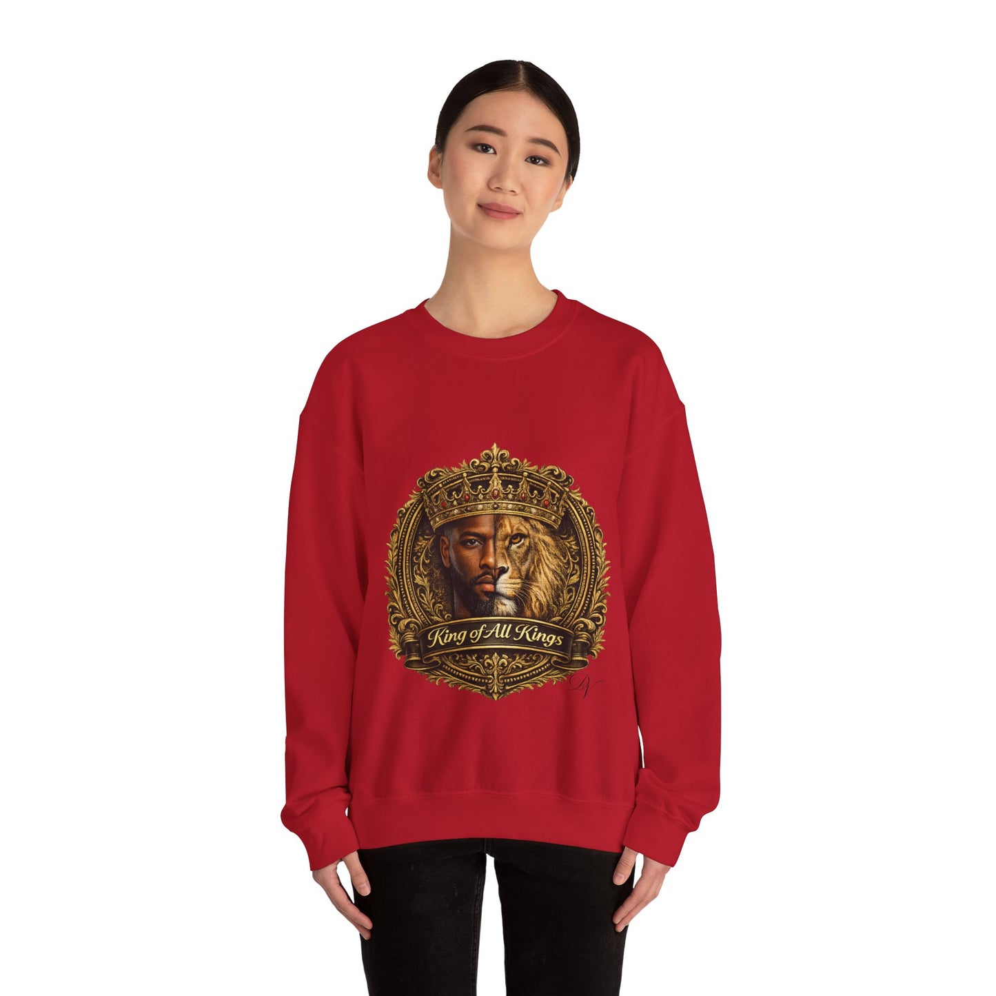 King of All Kings Crewneck Sweatshirt — Crowned Lion & Portrait Graphic