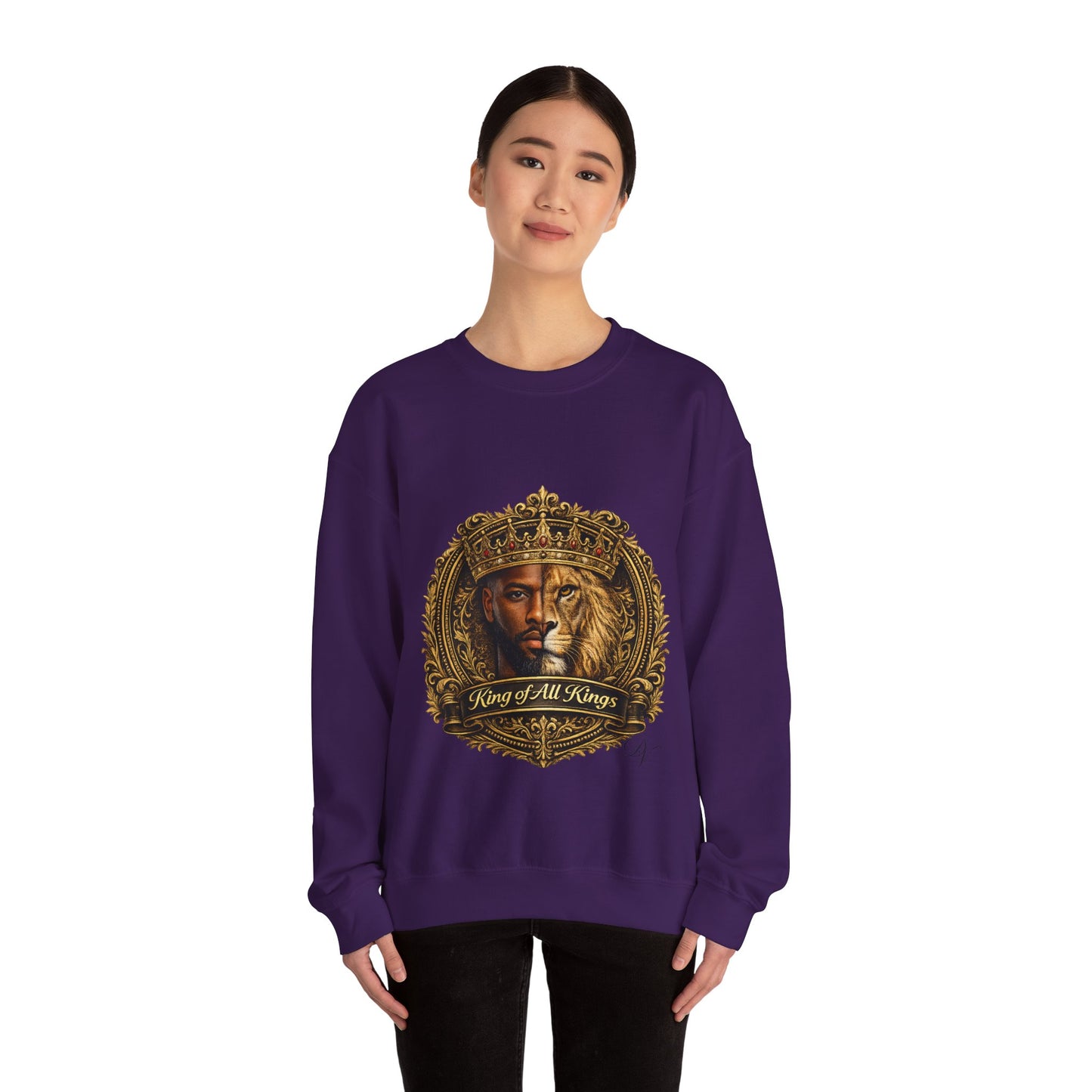 King of All Kings Crewneck Sweatshirt — Crowned Lion & Portrait Graphic