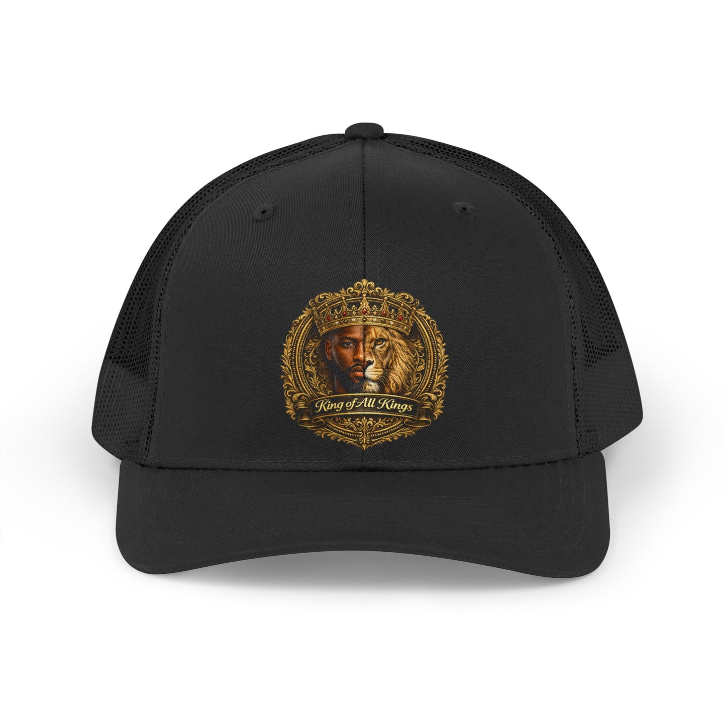 Retro Lion Emblem Trucker Hat — Vintage Golden Crest Mesh Cap