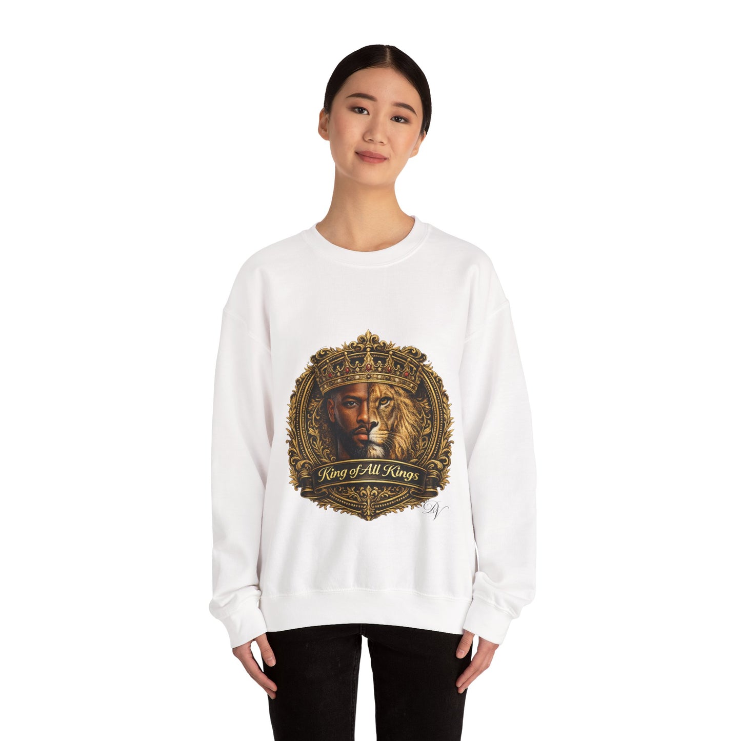 King of All Kings Crewneck Sweatshirt — Crowned Lion & Portrait Graphic