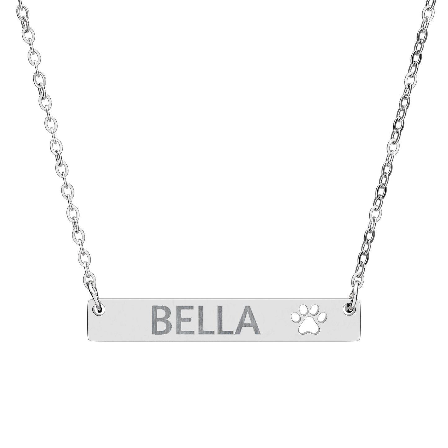 Personalized Paw Bar Necklace — Engraved Name with Cutout Paw Charm