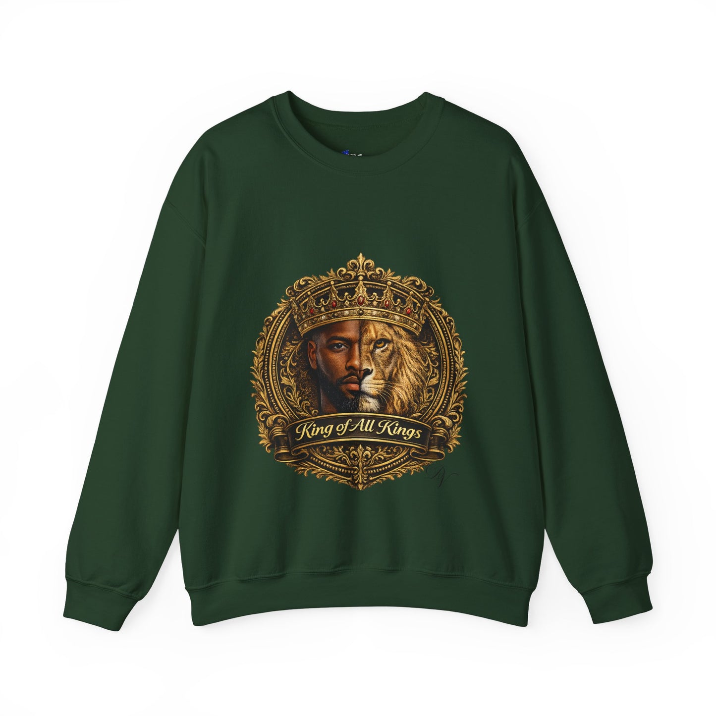 King of All Kings Crewneck Sweatshirt — Crowned Lion & Portrait Graphic