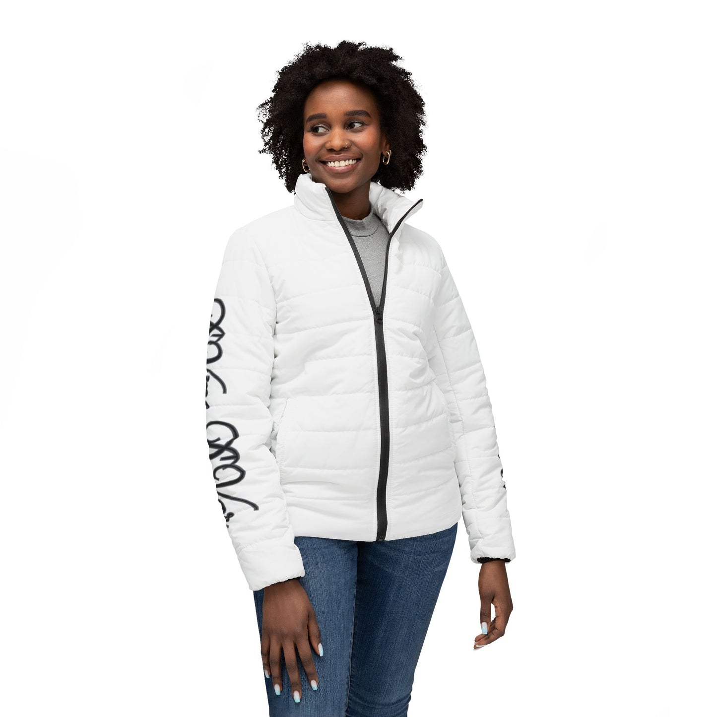 DVine DVor Womens White Quilted Puffer with Script Sleeve & Collar