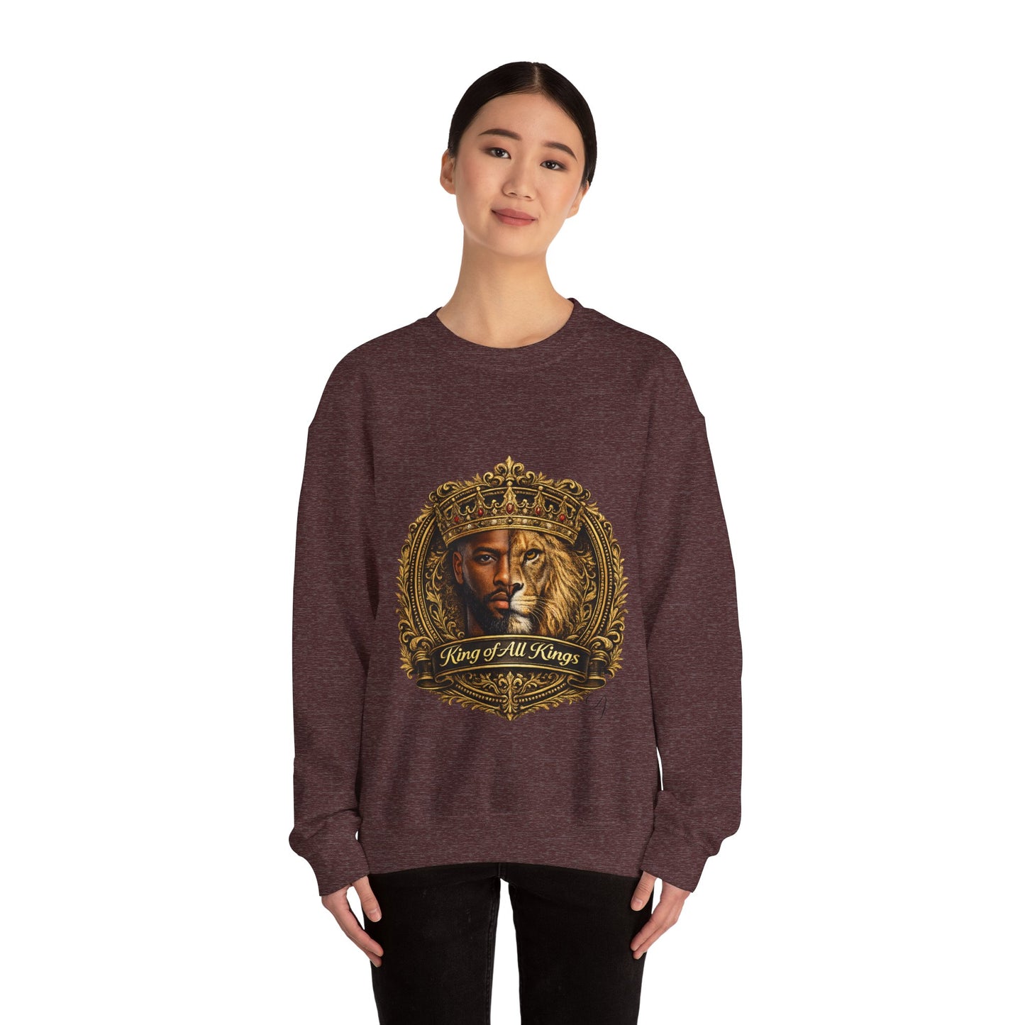 King of All Kings Crewneck Sweatshirt — Crowned Lion & Portrait Graphic