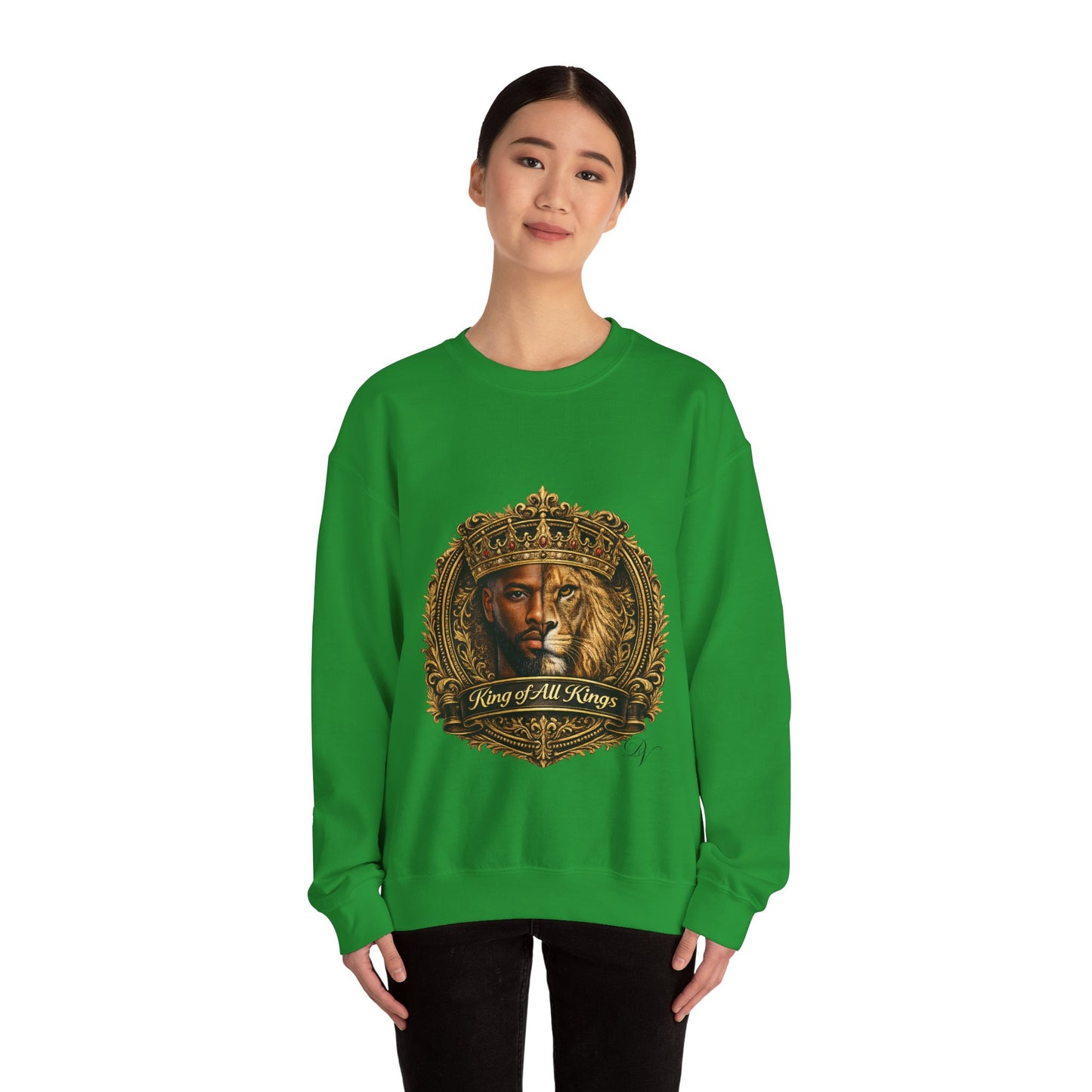 King of All Kings Crewneck Sweatshirt — Crowned Lion & Portrait Graphic