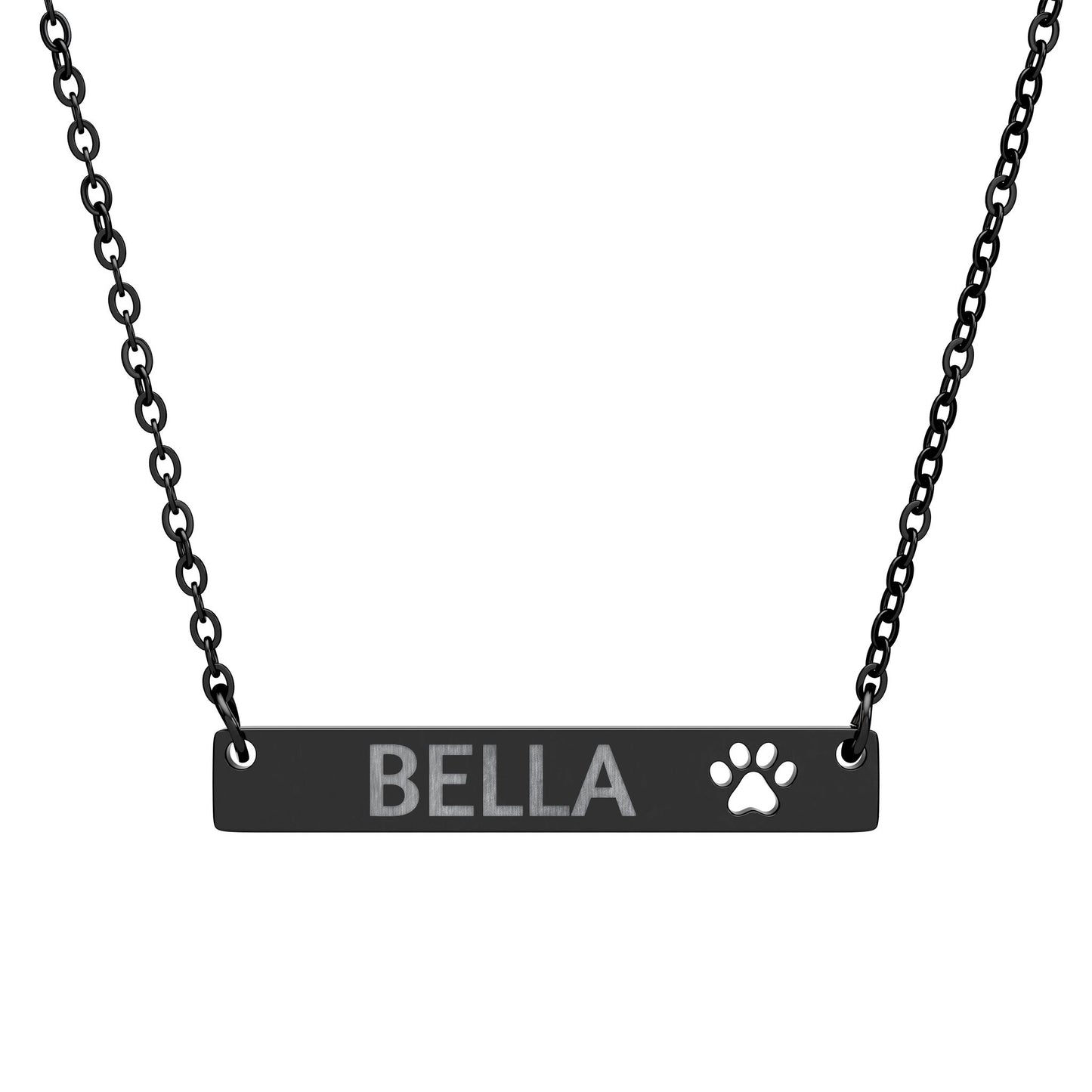 Personalized Paw Bar Necklace — Engraved Name with Cutout Paw Charm